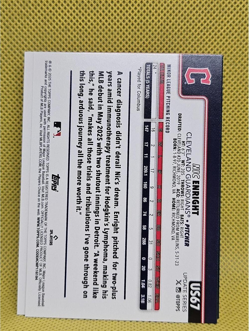 2025 Topps Update Nick Enright #US67 Rookie Card Cleveland Guardians - Picture 2 of 2